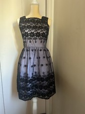 Women Cocktail Party Dress Black Lace Over White Cut Out Back Size M Sleeveless