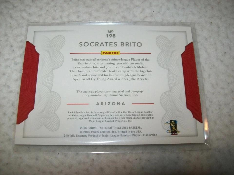 2016 NATIONAL TREASURES SOCRATES BRITO PATCH AUTO #D/99 ARIZONA DIAMONDBACKS - Image 2 of 2