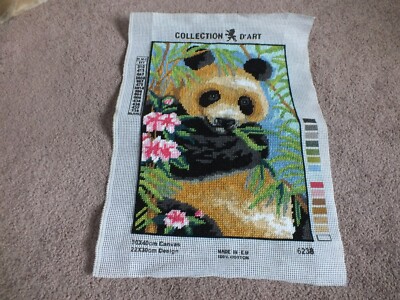 Needlepoint Sampler Complete & Ready to Frame Panda Eating 11.5x8.5 Completed Ar
