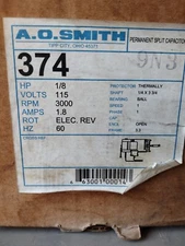 #374 A.O. SMITH 1/8HP 3000 RPM 115V PERMANENT SPLIT CAPACITOR MOTOR