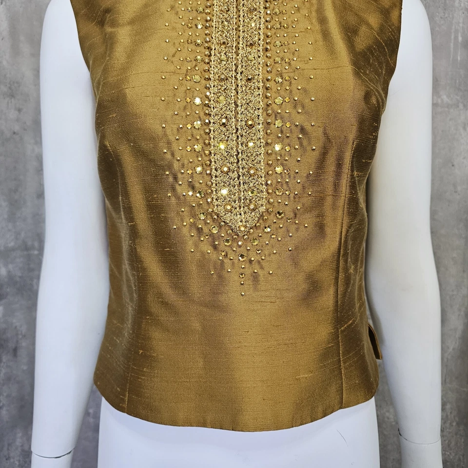 Vintage 60s Golden Slub Knit Acetate Formal Evening Tank Top Blouse Zip Back - Image 3 of 4