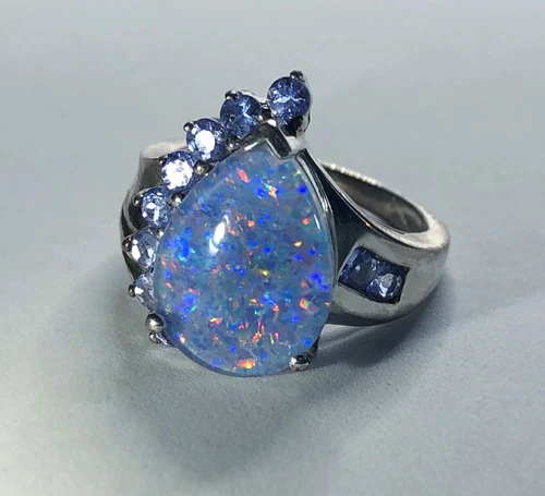 Vintage Estate BLACK-BLUE AUSTRALIAN FIRE OPAL, Aquamarines Sterling Silver Ring
