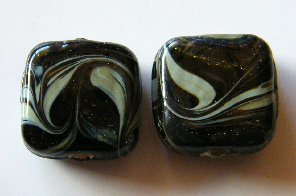 12pcs 14.5x7mm Flat Square Refined Lampwork Glass Beads - Black with Green - image 1 of 1