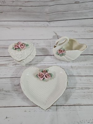 VTG Set Of 3 Porcelain Heart Trinket Dish & Box & Swan Handcrafted Roses Jewelry