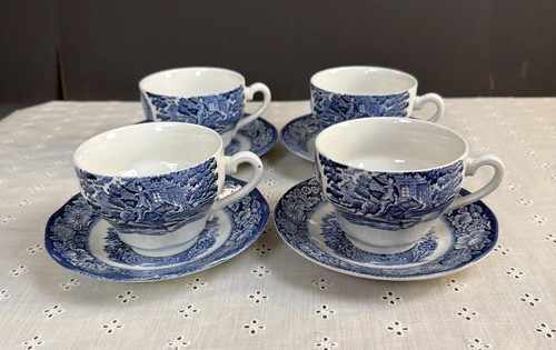 Liberty Blue Tea Cups & Saucers Staffordshire Old North Church Dish Set Of 4