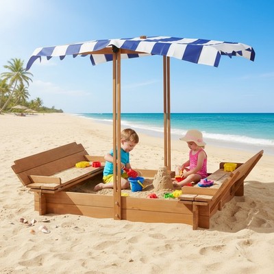 Kids Sandbox Adjustable Cover 46'' Wooden Sand Box w/ 2 Foldable Bench Seats
