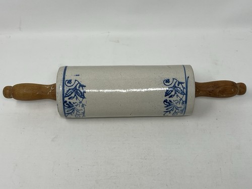 Antique Primitive Stoneware Rolling Pin with Blue Floral Design & Wooden Handles