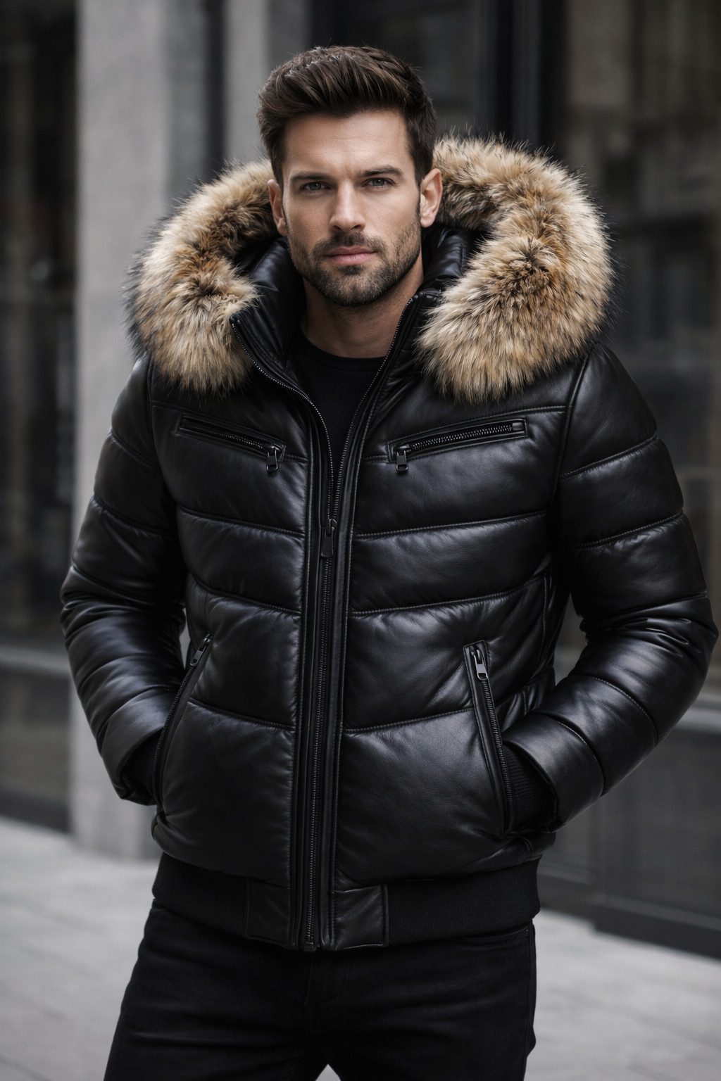 Giacca trapuntata da uomo in vera pelle di pecora | cappuccio in vera pelliccia di volpe | Luxury Premium W foto 4
