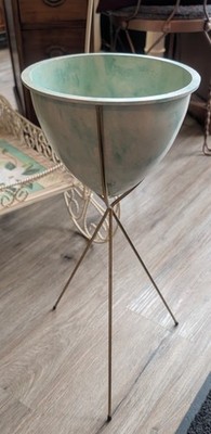 VTG  MID CENTURY TRIPOD PLANTER  COMPOSITE GREEN BLUE 8''w x 22''h BULLET ATOMIC