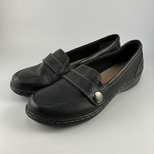 COLLECTION CLARKS Womens Black Pebbled Leather Slip On Loafers Shoes SZ 8 M