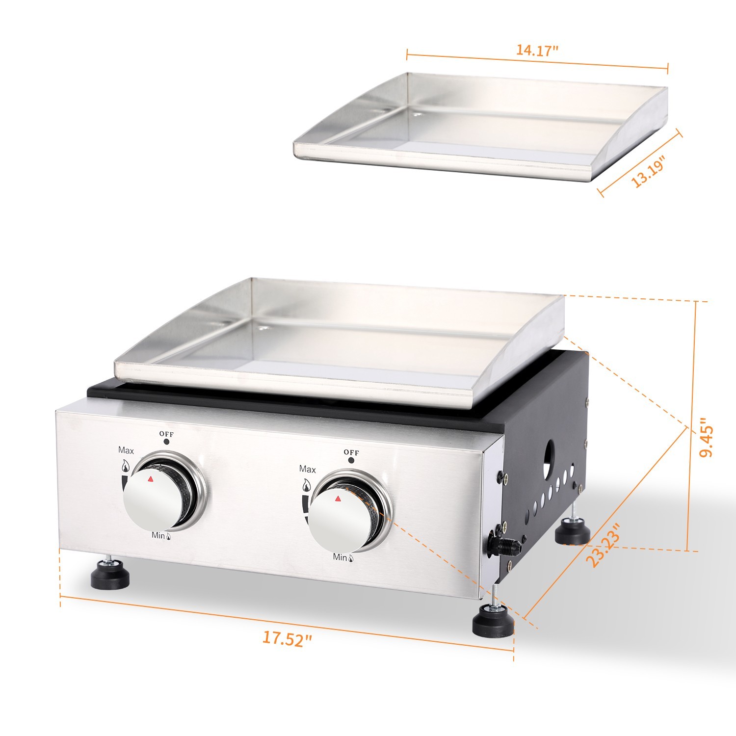 14 Inch Tabletop Gas Grill, 2 Burner Portable Flat Top Griddle with Legs, Cover