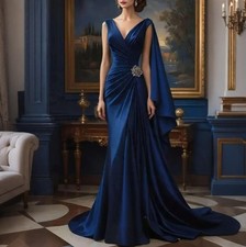 Pleats Satin Mermaid Evening Dresses V-Neck Elegant Party Prom Gown Simple Dress