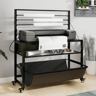 Wide Format Printer Stand, Plotter Workbench Table with Pull-Out Drafting Storag