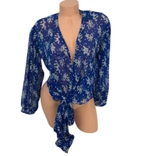 NWT Sans Souci Wrap Top Size S Sheer Floral Print Blouse V-Neck Boho Beachy Blue