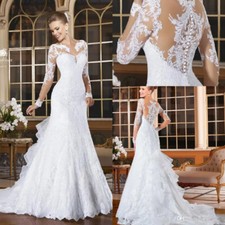 Long Sleeve Mermaid Wedding Dresses Appliques Button Back Ruffles Bridal Gowns