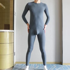 Men's Ice Silk Long Johns Thin Long Underwear, Long Sleeve Top + Bottom 2pc Set