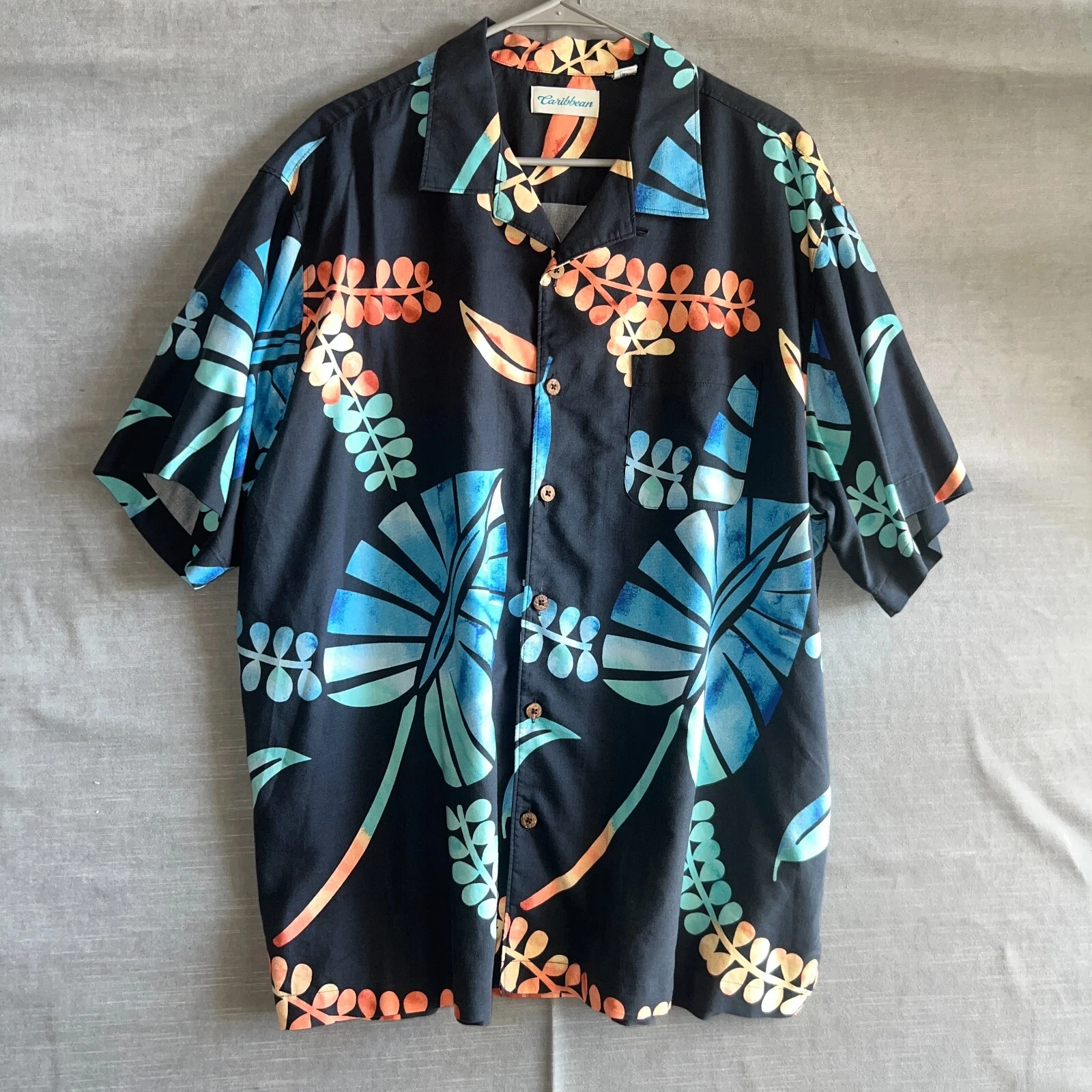 Caribbean Navy Blue Tropical Shirt XL Leaf Print Button Front Cotton Blend