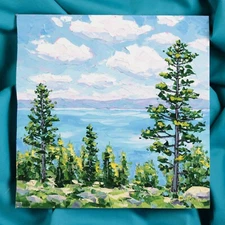 Original Oil Painting Lake Tahoe Impasto Landscape Wall Art Mountain Lake 10x10