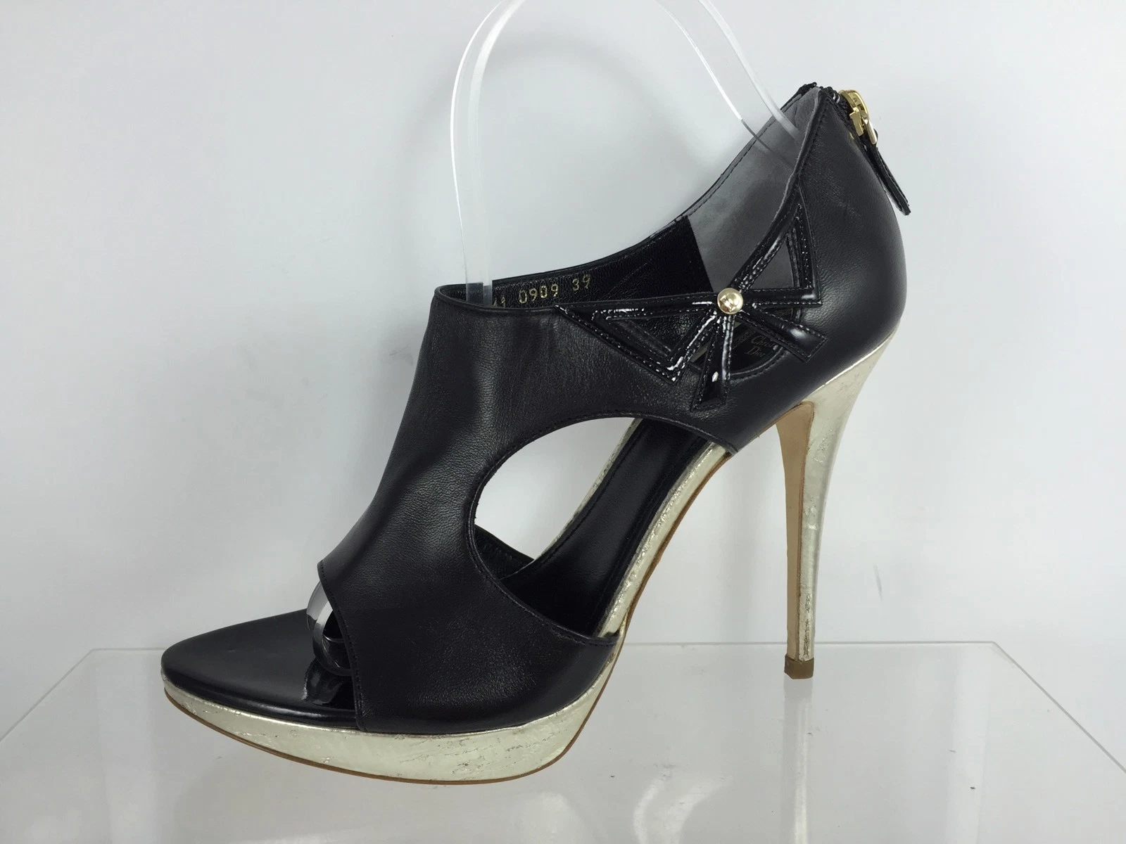 Chaussures Christian Dior cuir noir Lolita bout ouvert plateforme liège doré talons 39