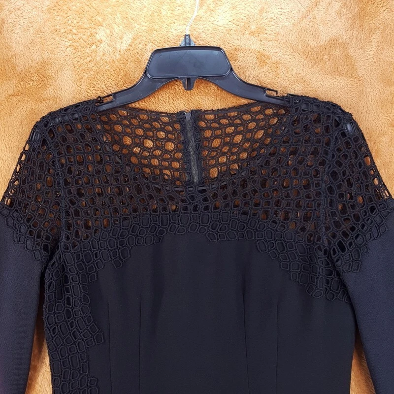 Vestido ELIE TAHARI Feminino Tamanho 6 Preto Bainha Bordado Ilhós Midi Elástico LBD - Imagem 3 de 4