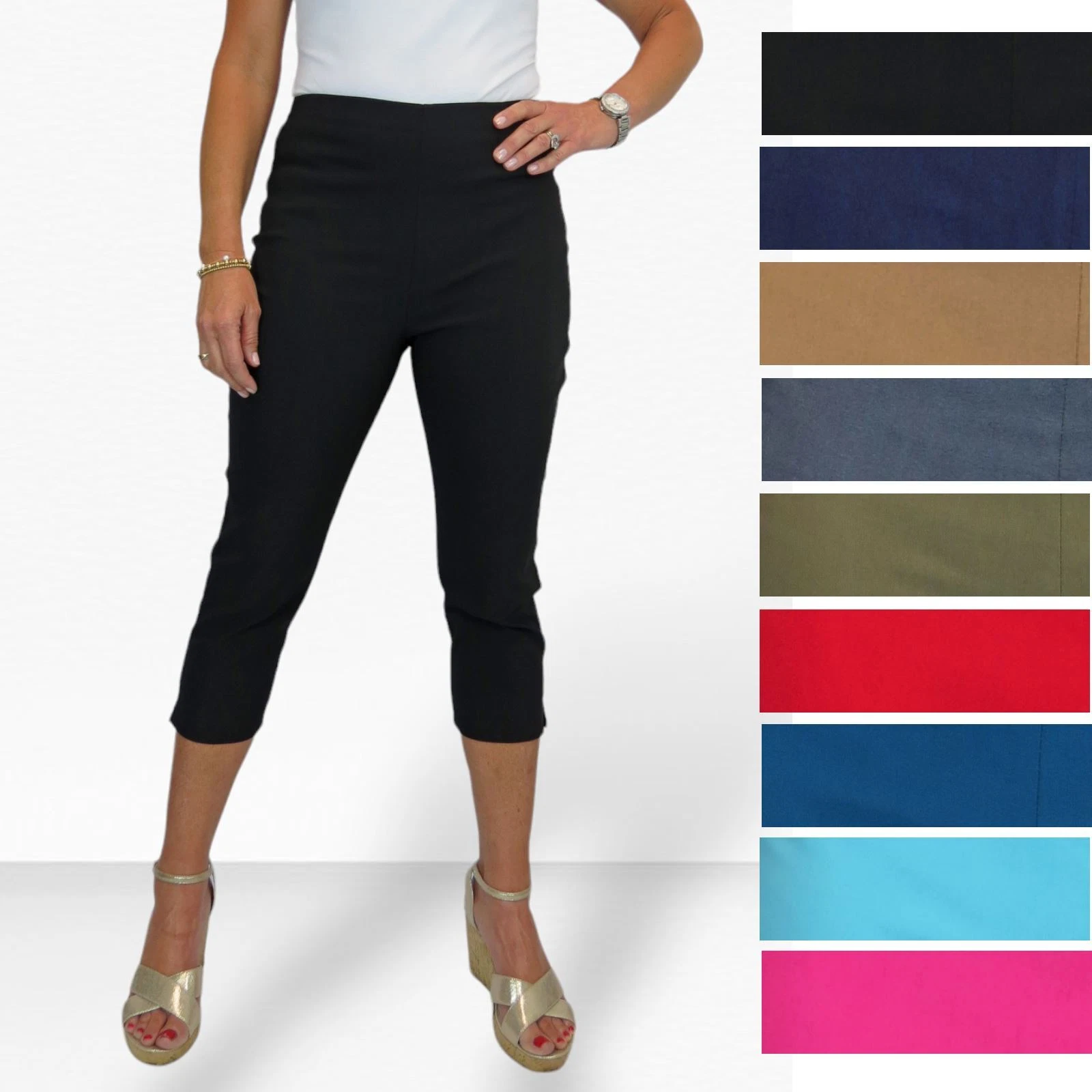 Women’s Pull On Bengaline Capri Trousers Stretch Elasticated High Waist 8–20