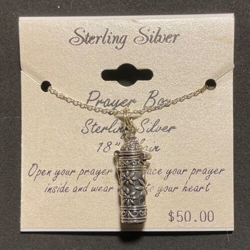 Sterling Silver Prayer Box Pendant Floral Design Cylindrical Box Cable Chain 18”