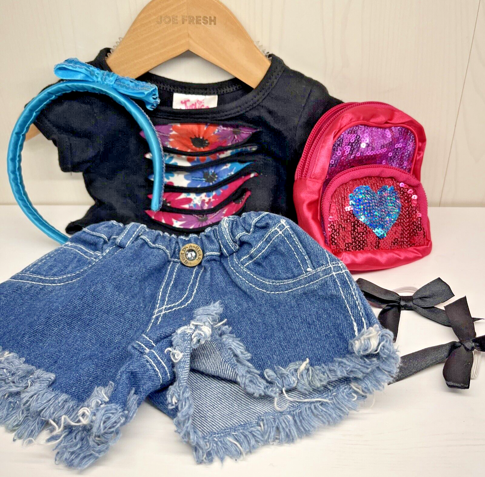 Sparkly Sequin Backpack Jean Skirt Outfit Set with Hairband and Bows for Build-A-Bear