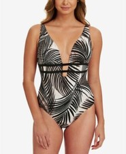 Swim Solutions Black  Tan Palm Plunge One-Piece Swimsuit Women Size 18 99 NWT