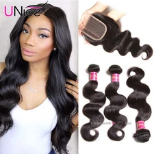 UNice Cambodian Body Wave Human Hair Extensions 3 Bundles With Lace Closure Wavy