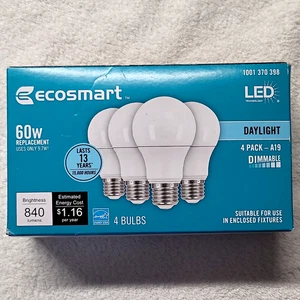 EcoSmart A19 LED 9.7W (60W) Daylight 840lm Dimmable Bulbs, Qty 4