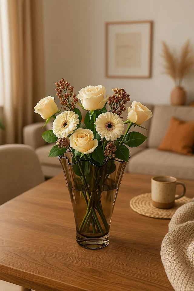 Vase Glas gewellt braun Glasvase Blumenvase mundgeblasen Signature Tischvase - Bild 2 von 4