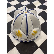 Vintage Ceramic ABC Fluted Cake Mold Dome Pan Blue Yellow Floral  Kitchenware 4"