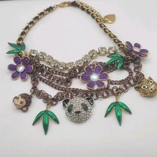 Betsey Johnson Necklace Jungle Monkey Panda Rhinestone 16"
