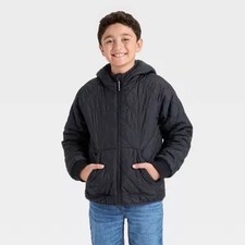 Cat and Jack Kids Boys Quilted Puffer Hooded Jacket Black Reversible Size M NEW