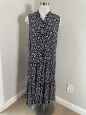 Chaps Dress Womens 1X Blue Floral Sleeveless Button Front Tiered Swing Midi Boho