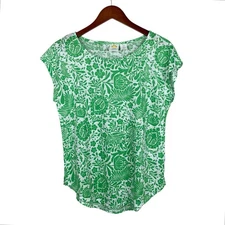 C&C California Top Short Sleeve Shirt Green White Floral Linen Knit Women’s M