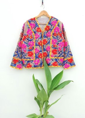 Indian Brown Suzani Bedruckt Jacke Handmade Samt Jacke Damen Bekleidung US