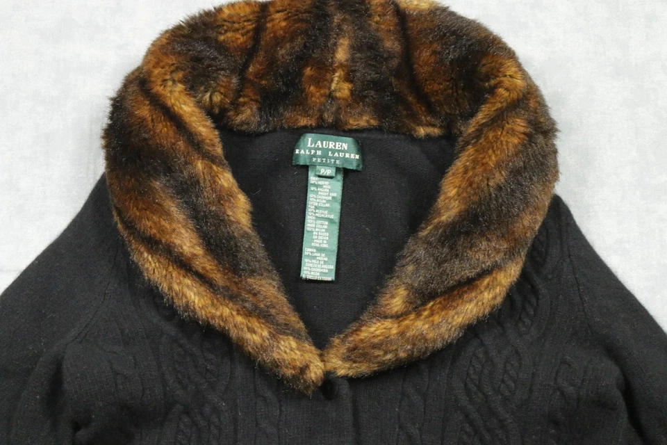 Lauren Ralph Lauren Sweater Womens Petite Small Faux Fur Collar Cable Cardigan - Image 2 of 4