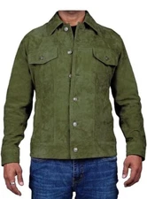 Men's Pure Suede Leather Olive Green Trucker Jacket Buttoned Moto Biker Jacket