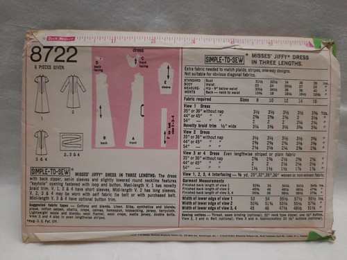 VTG 1970 Simplicity Jiffy Pattern 8722 Groovy Keyhole Neck Dress 3 Lengths Sz 12 - Picture 4 of 8