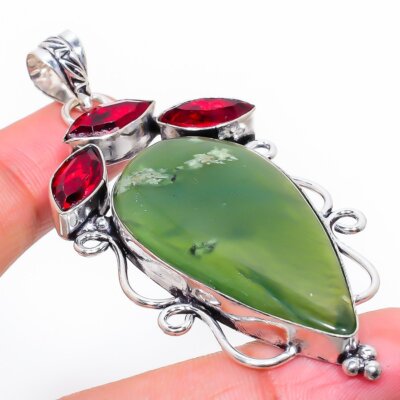 Vasonit, Granat Edelstein Handarbeit 925 Sterling Silber Schmuck Anhänger 2,76'' G74