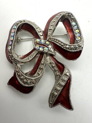 Festive Christmas BOW Ribbon Brooch Pin - Enamel & Rhinestones