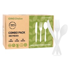 380 Count Heavy Duty Compostable Cutlery Set 140 plastic forks 120 spoons 120...