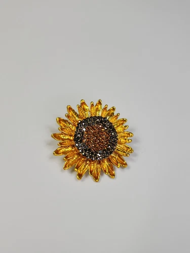 Sunflower Brooch Pin Gold Colored Petals Black & Amber Faceted Faux Gems