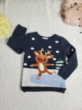 H M kids reindeer Sweater 4-6 yr Christmas Dark BLUE ice skating Rudolph unisex