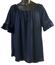 Naif Blouse Women’s Sz 1X Navy Blue short sleeve Polyester Spandex Hand Wash