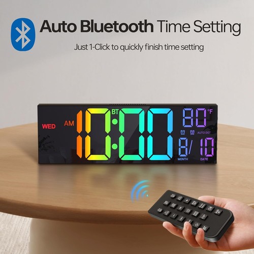 16.2" Large Digital Wall Clock with Bluetooth Sync, Alarm, Big LED, 8 RGB Color, - Picture 4 of 9
