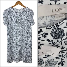 NEW LOFT Dress Size 12 Floral Linen Ann Taylor Puff Sleeve Party White Black