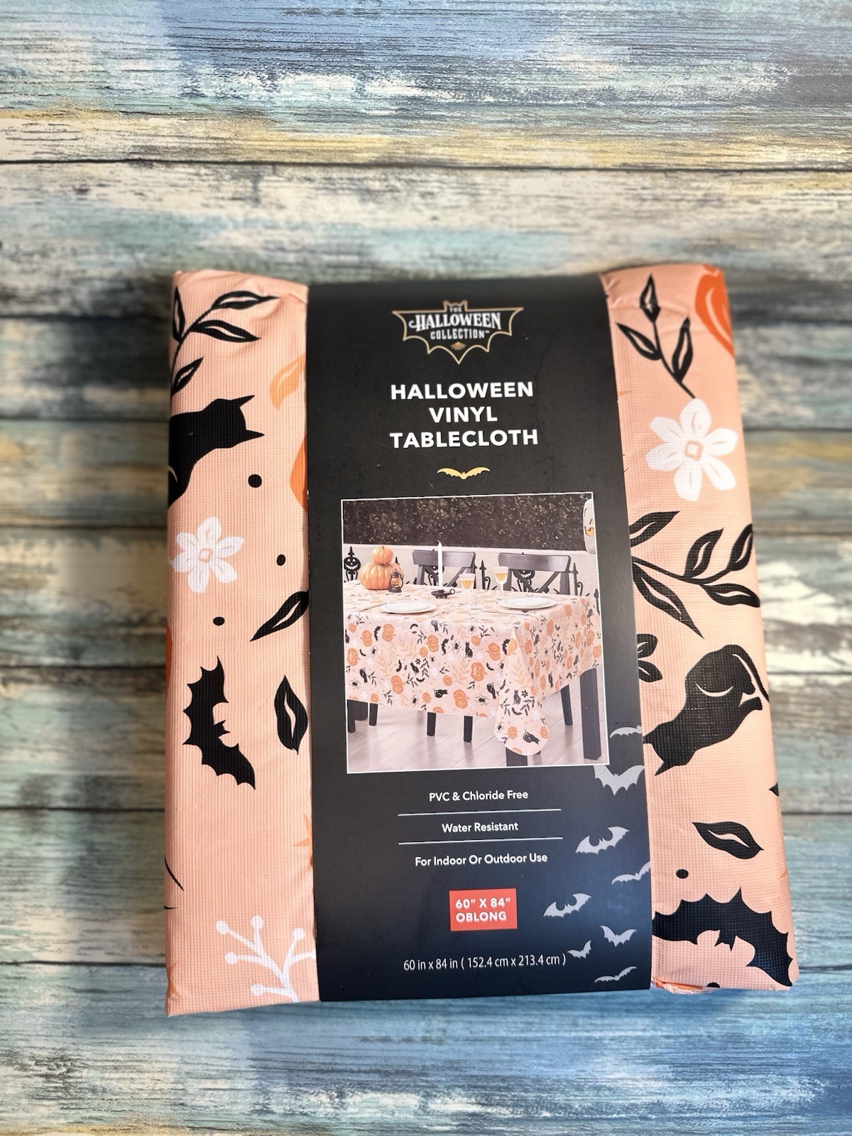 NEW Halloween Vinyl Tablecloth Oblong 60” x 84” 🐈‍⬛ Kitties Pumpkins 🎃 Spiders