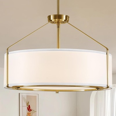 Drum Chandelier 20Inch Gold White Adjustable Height Pendant Light FA0013 Metal